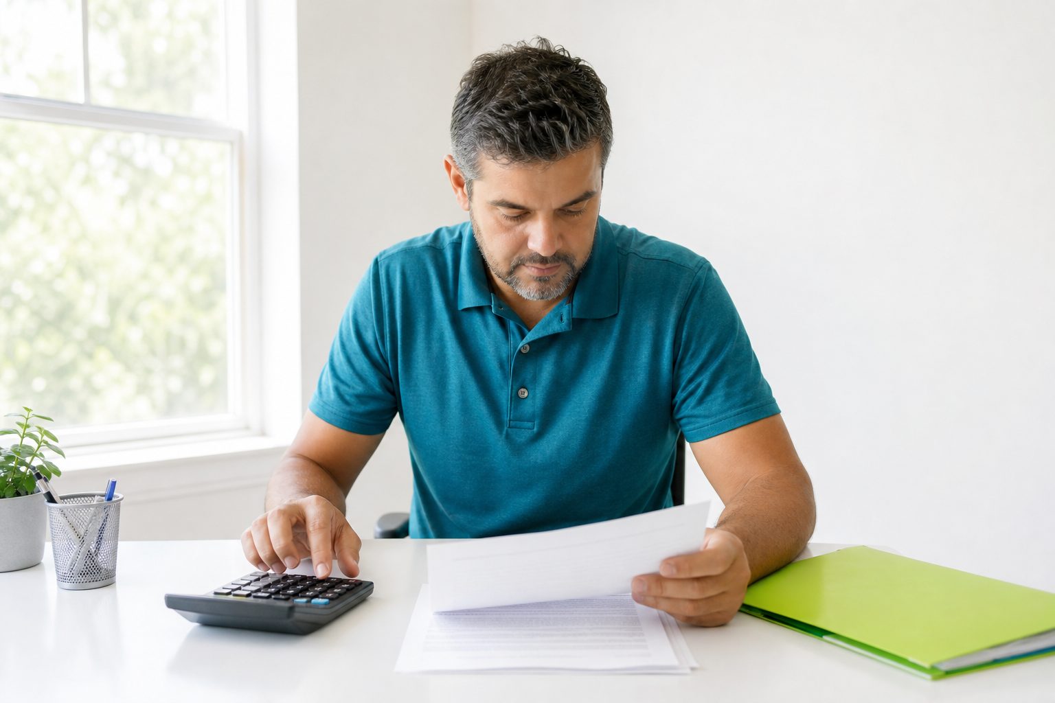 Cleaning company owner reviewing plain payroll paperwork with a calculator at a bright white desk
