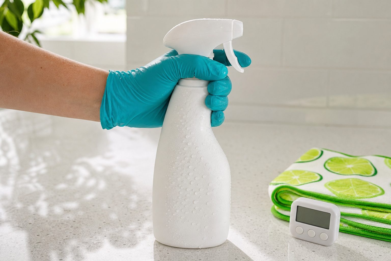 Gloved hand spraying a white quartz counter beside a timer and folded lime microfiber cloths