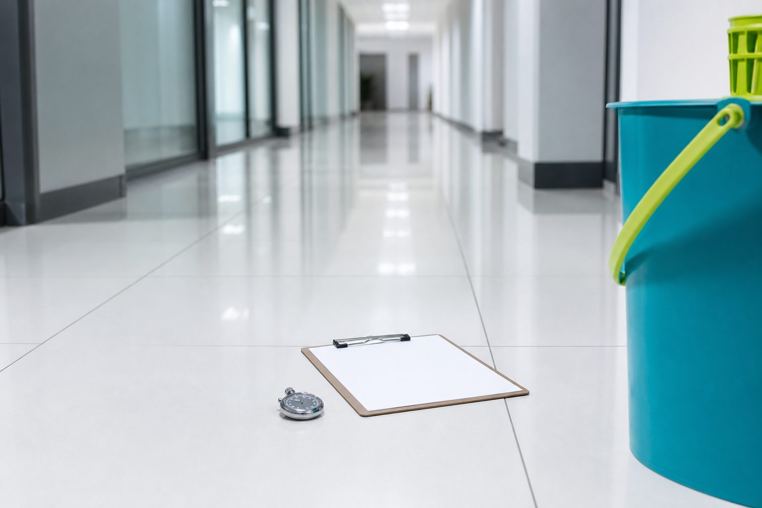 Stopwatch and blank clipboard on a polished white office floor beside a deep aqua mop bucket