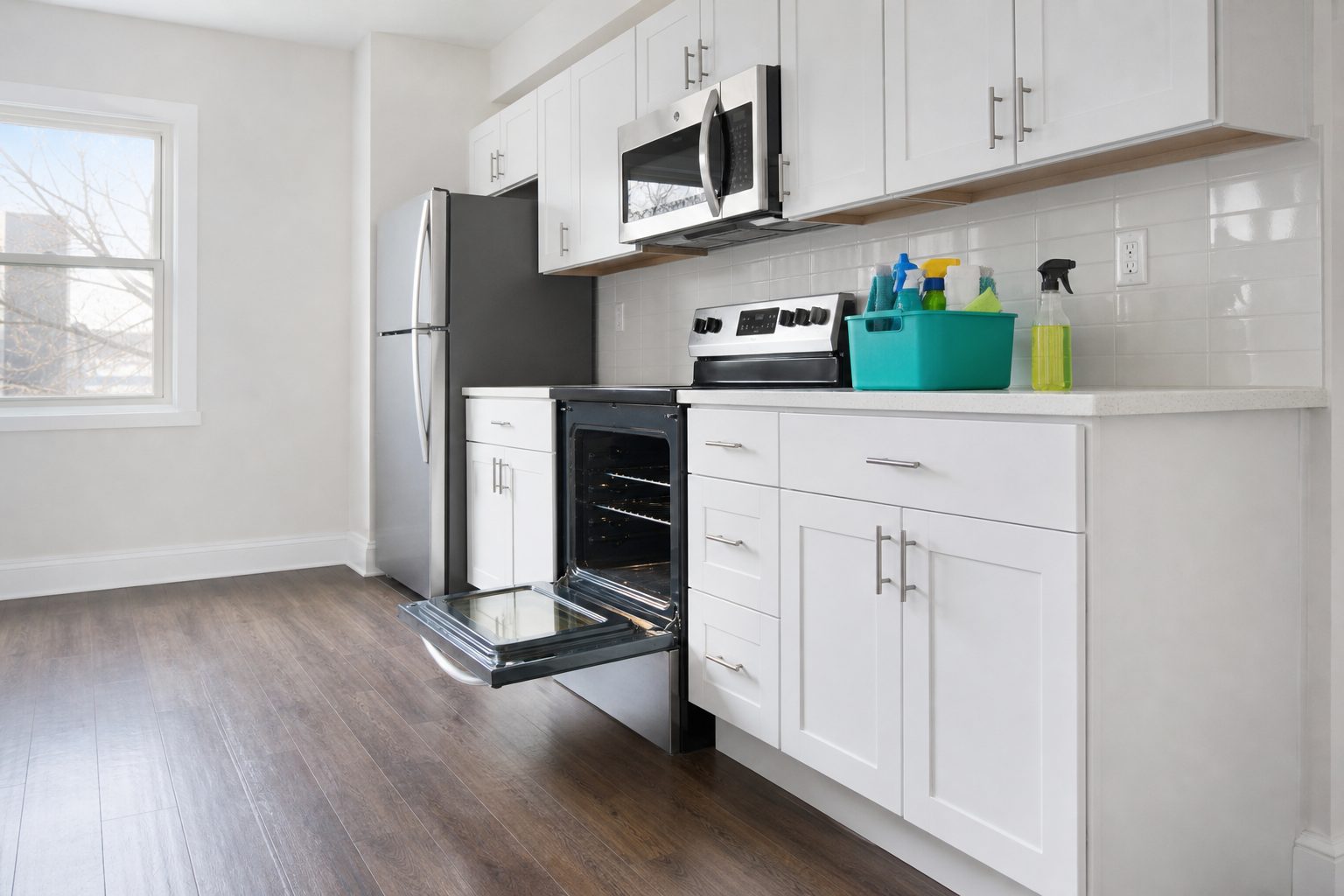Empty apartment kitchen with an open oven, white cabinets and a deep aqua supply caddy on the counter