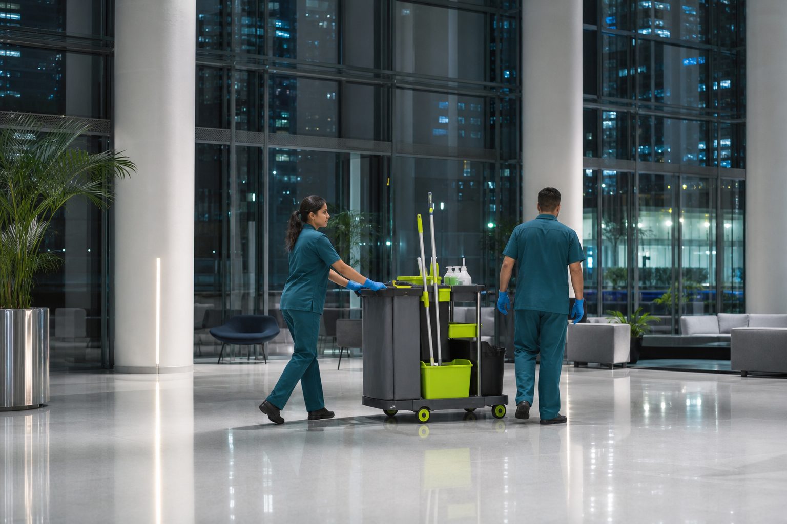Two cleaners in deep aqua uniforms pushing a cart across a polished lobby floor at night