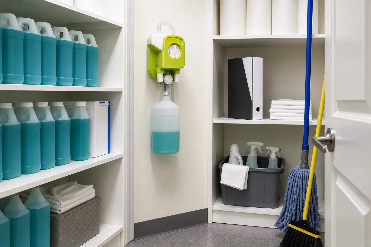 Tidy janitorial closet with white shelves, deep aqua chemical jugs and a wall mounted dilution dispenser