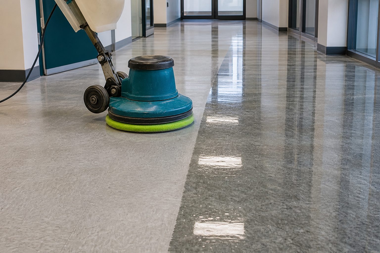 Corridor floor split between dull tile and mirror gloss finish with a floor machine at the dividing line