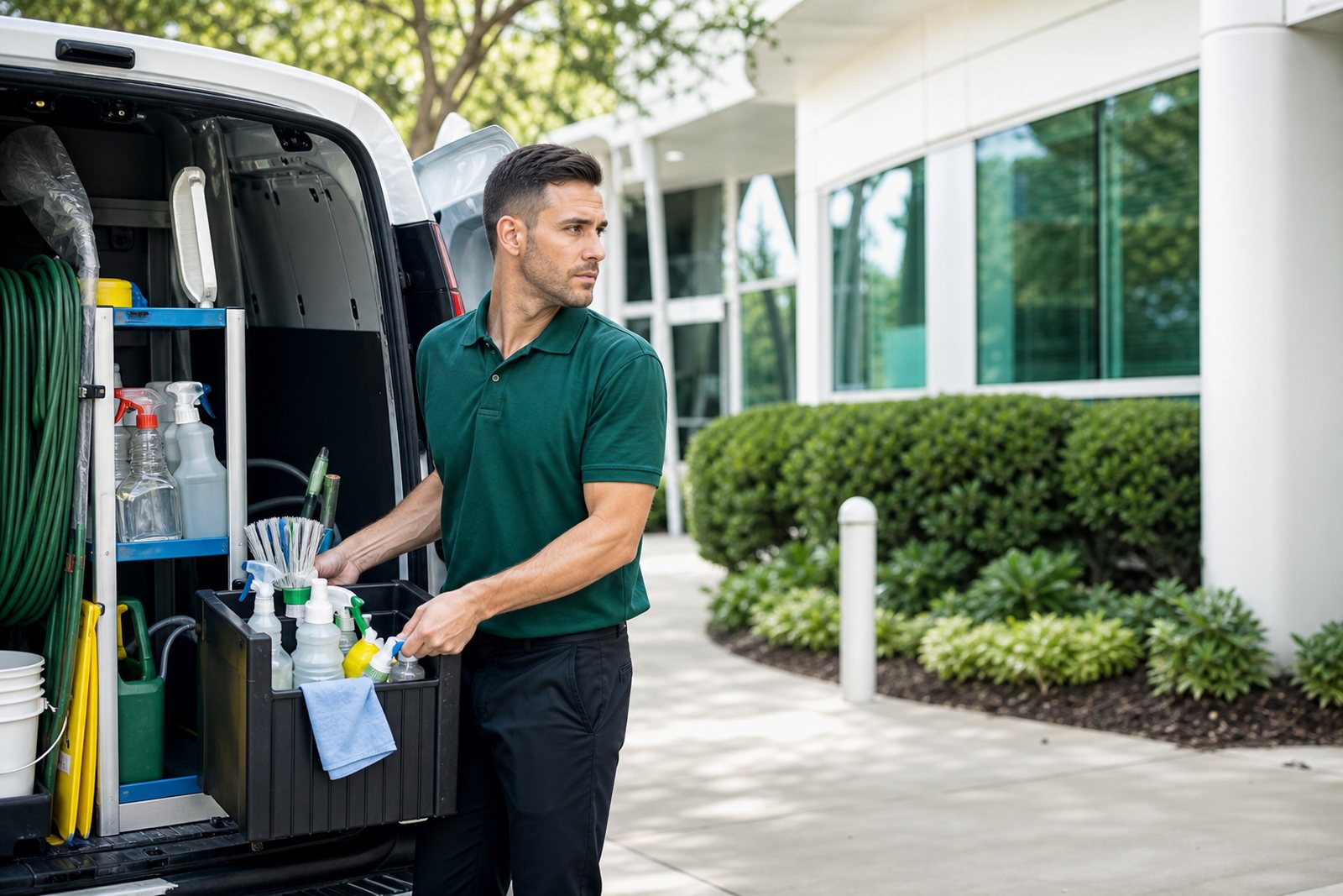 Cleaner in a uniform polo loading supplies into a work van outside a suburban office building in the morning