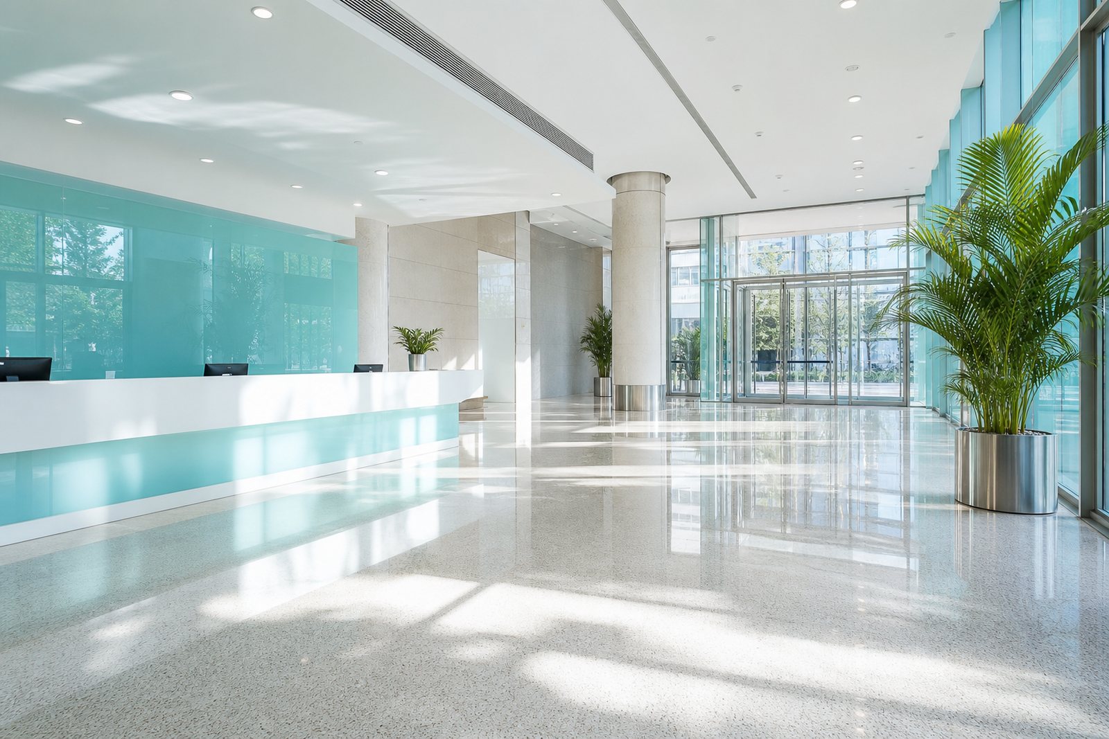 Spotless modern office lobby with polished floors reflecting bright morning light after a night clean